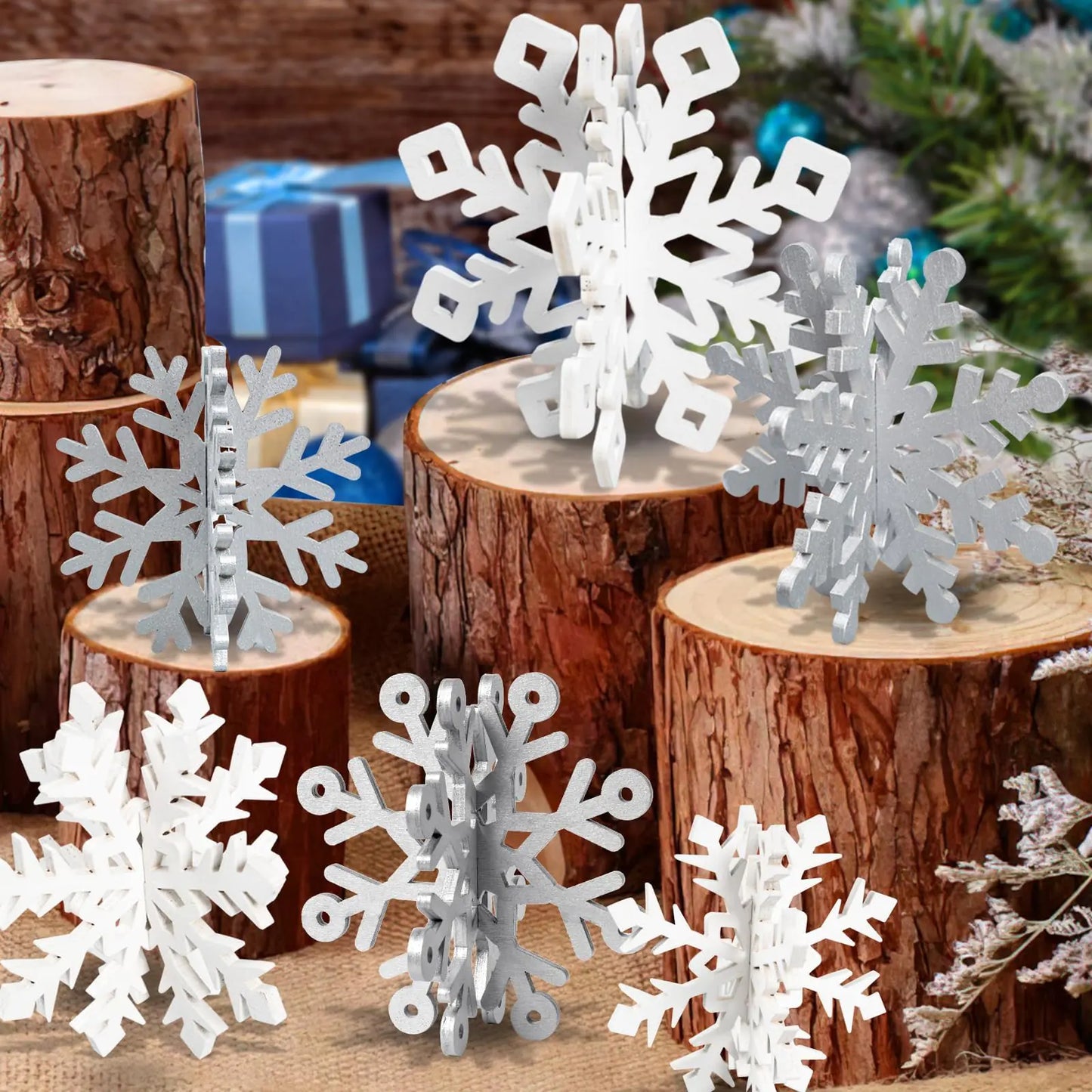 Winter Christmas Centerpiece Decor – 12pc 3D Wooden Snowflake Set