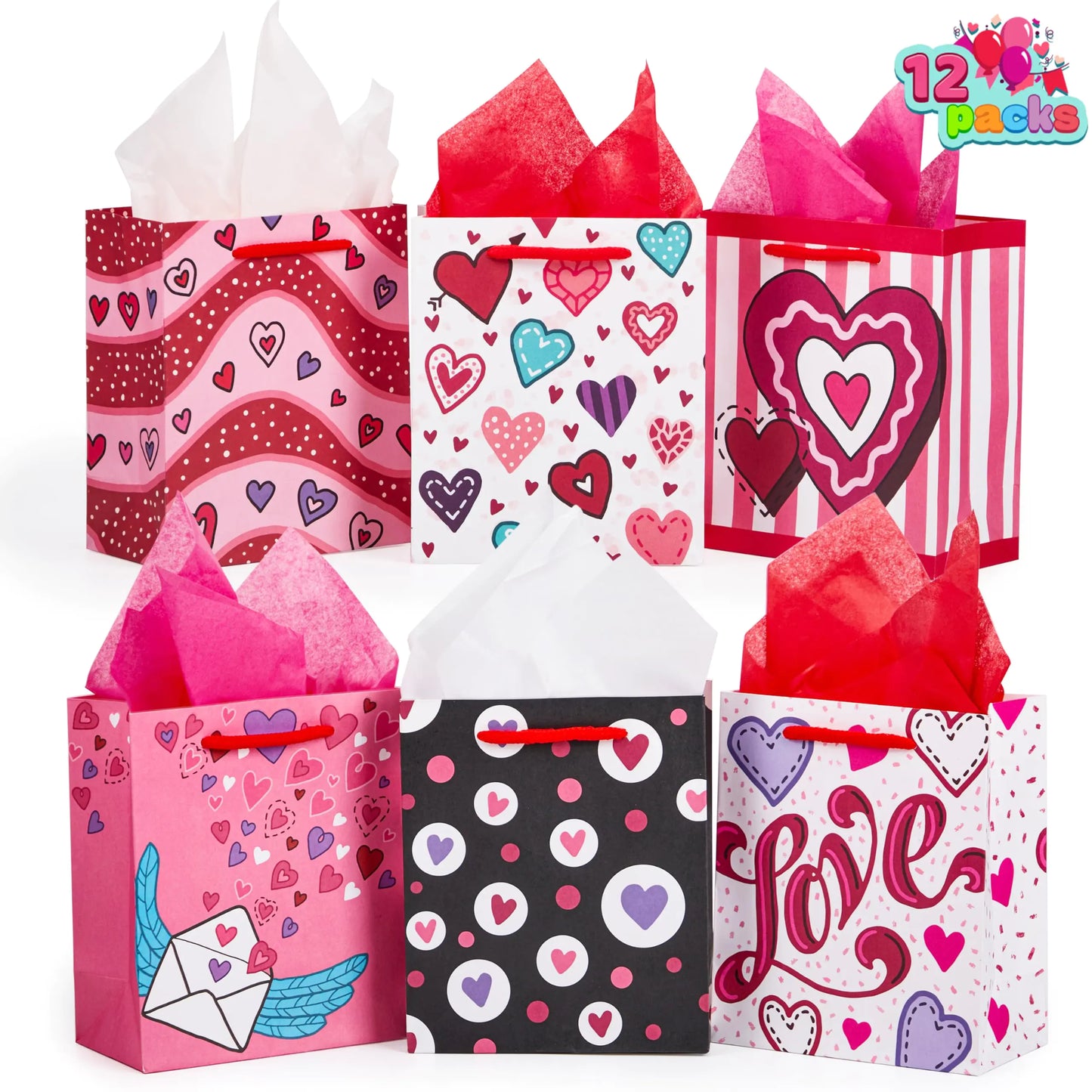 Valentine Paper Gift Bags with Tissue – 12 Pack